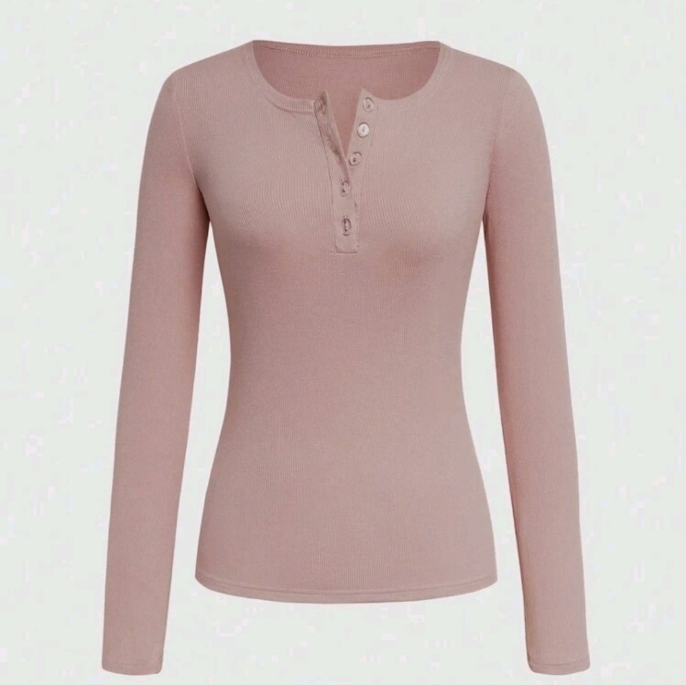 Shein Ribbed Knit Long Sleeve Dusty Pink Slim Fit V Neck Henley Top Size XS - Picture 2 of 12